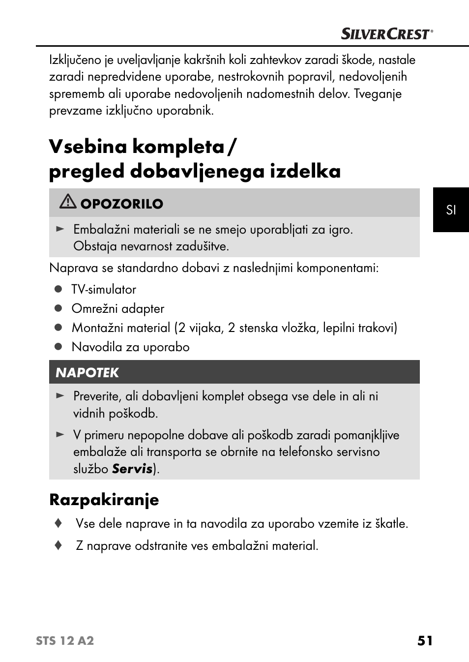 Vsebina kompleta / pregled dobavljenega izdelka, Razpakiranje | Silvercrest STS 12 A2 User Manual | Page 54 / 116