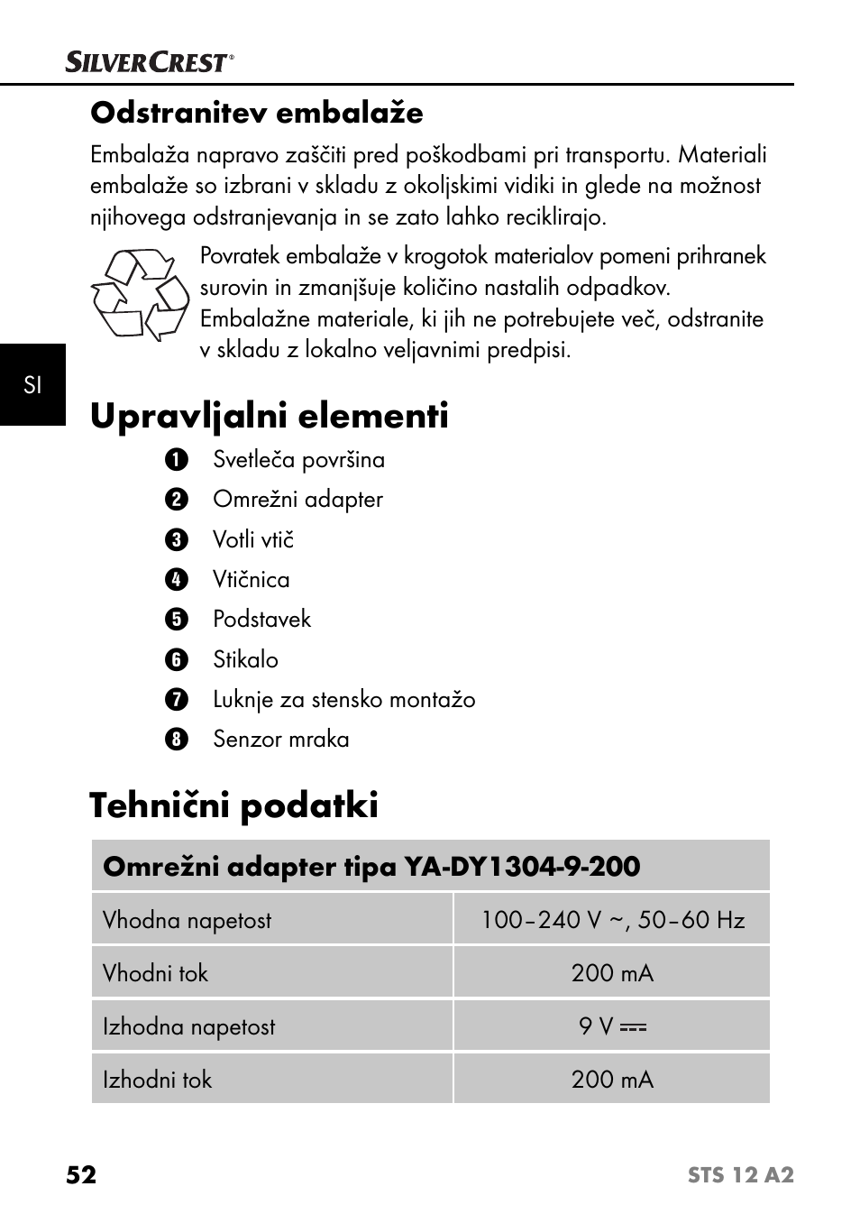 Upravljalni elementi, Tehnični podatki, Odstranitev embalaže | Silvercrest STS 12 A2 User Manual | Page 55 / 116