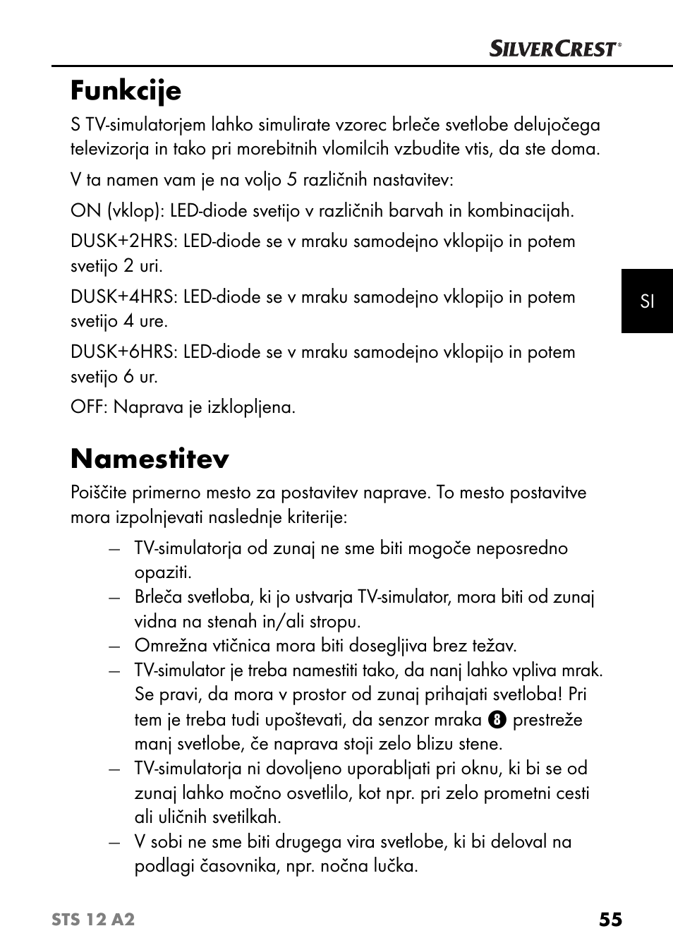 Funkcije, Namestitev | Silvercrest STS 12 A2 User Manual | Page 58 / 116