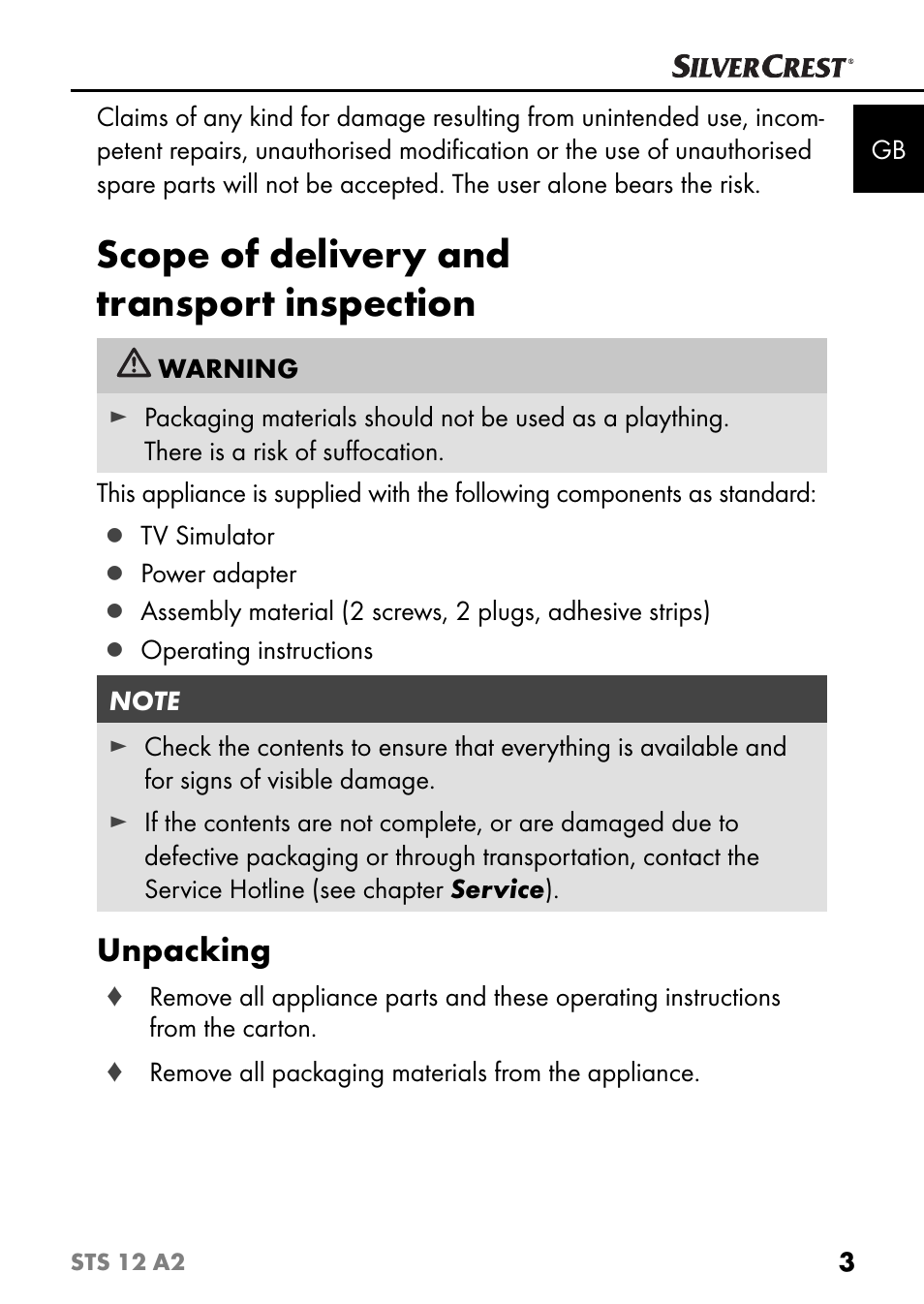 Scope of delivery and transport inspection, Unpacking | Silvercrest STS 12 A2 User Manual | Page 6 / 116