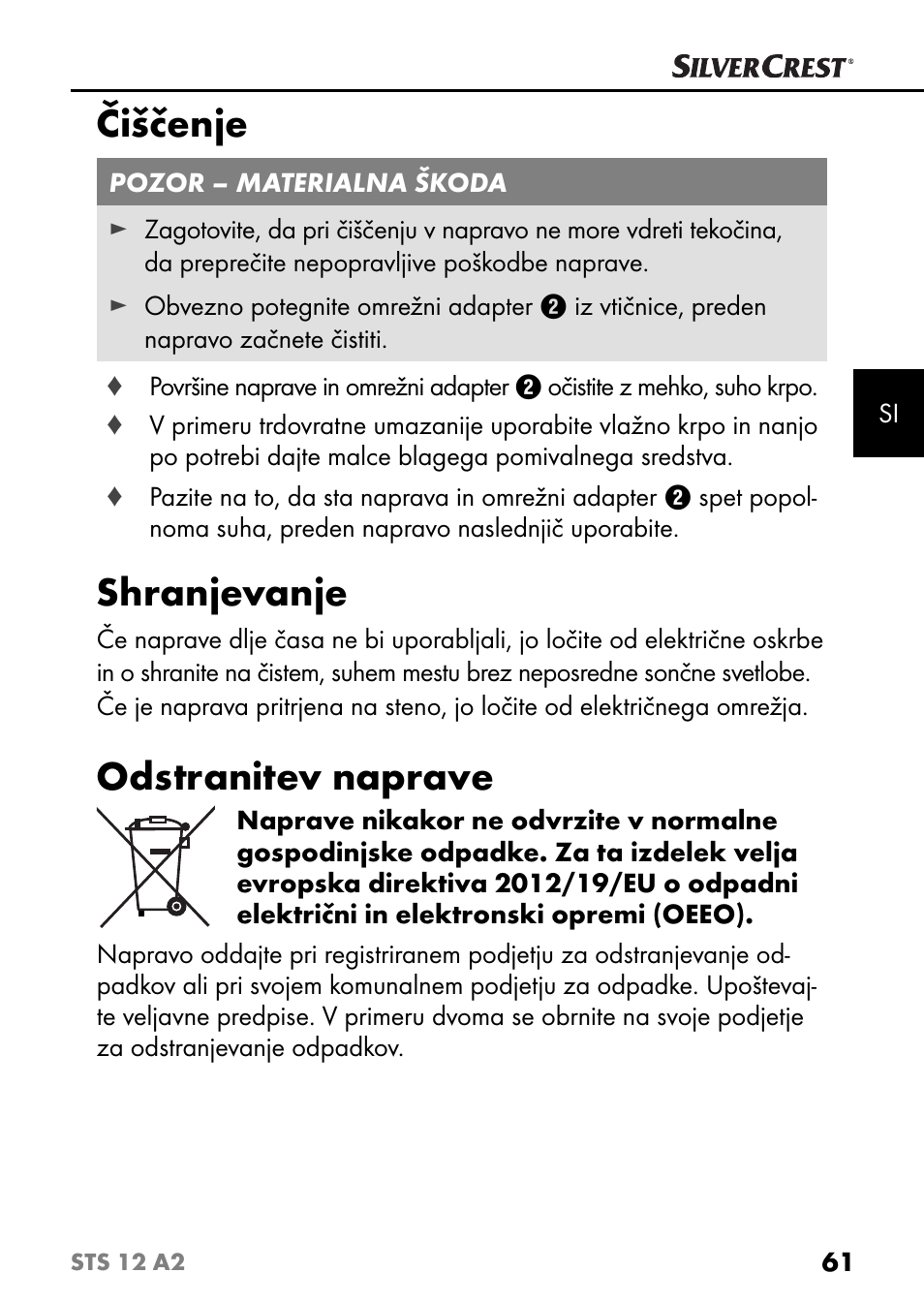 Čiščenje, Shranjevanje, Odstranitev naprave | Silvercrest STS 12 A2 User Manual | Page 64 / 116