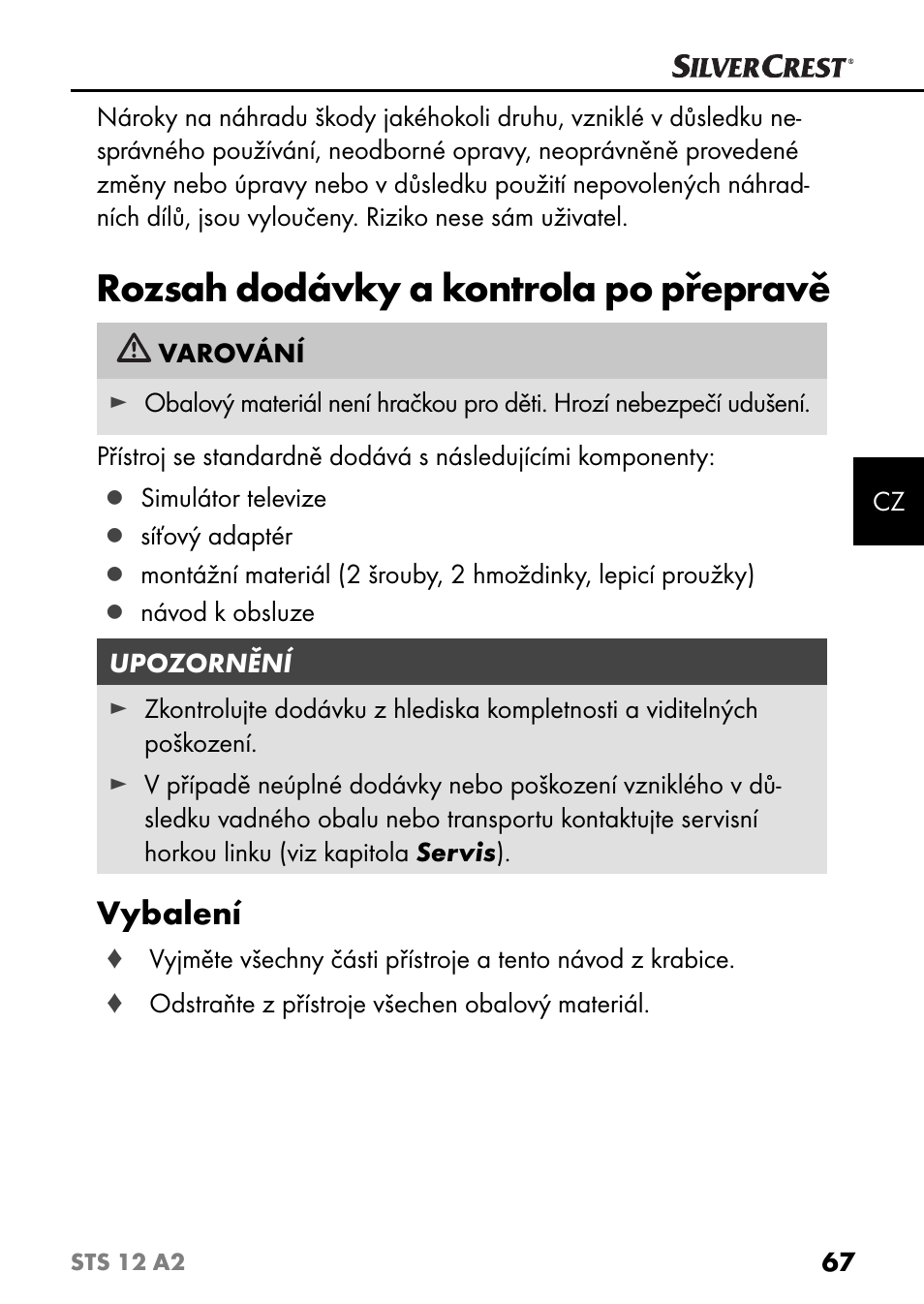 Rozsah dodávky a kontrola po přepravě, Vybalení | Silvercrest STS 12 A2 User Manual | Page 70 / 116