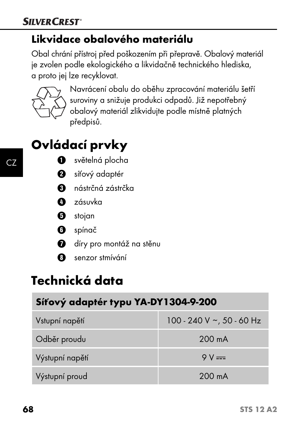 Ovládací prvky, Technická data, Likvidace obalového materiálu | Silvercrest STS 12 A2 User Manual | Page 71 / 116