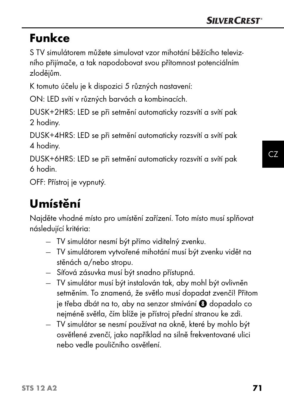 Funkce, Umístění | Silvercrest STS 12 A2 User Manual | Page 74 / 116