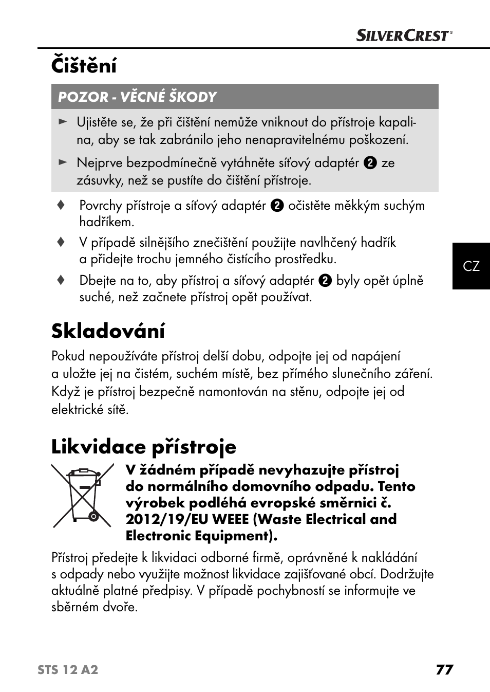 Čištění, Skladování, Likvidace přístroje | Silvercrest STS 12 A2 User Manual | Page 80 / 116