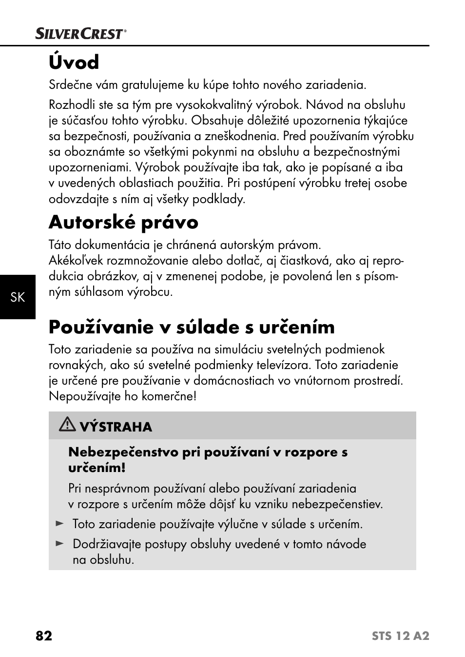 Úvod, Autorské právo, Používanie v súlade s určením | Silvercrest STS 12 A2 User Manual | Page 85 / 116