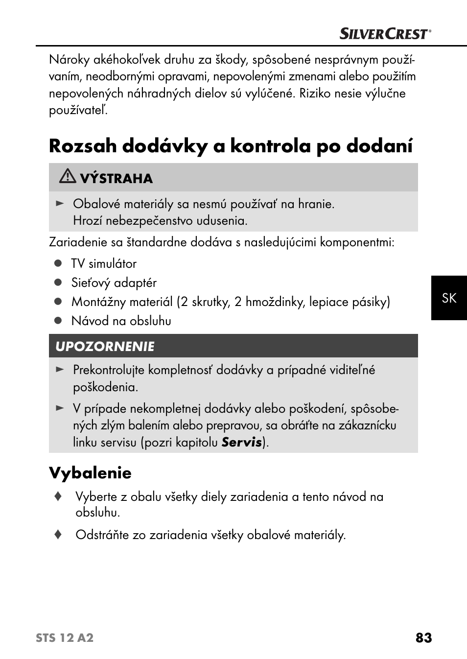 Rozsah dodávky a kontrola po dodaní, Vybalenie | Silvercrest STS 12 A2 User Manual | Page 86 / 116