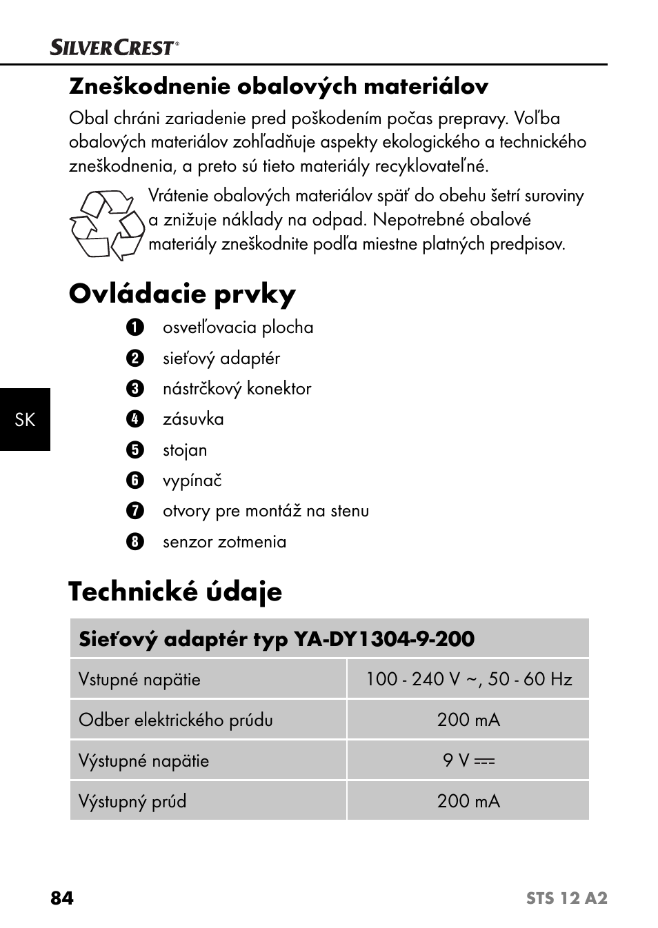 Ovládacie prvky, Technické údaje, Zneškodnenie obalových materiálov | Silvercrest STS 12 A2 User Manual | Page 87 / 116