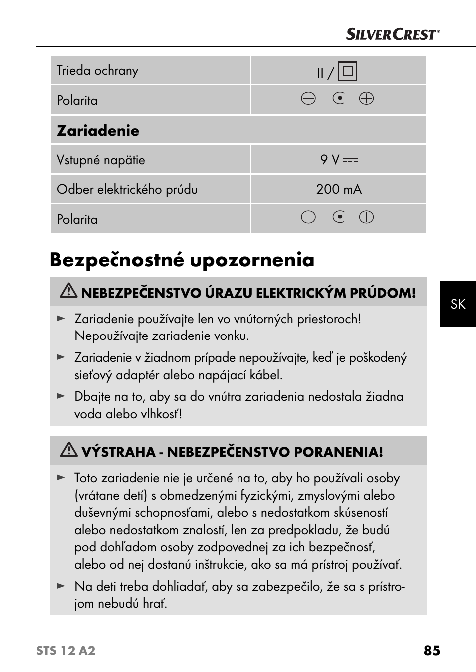 Bezpečnostné upozornenia | Silvercrest STS 12 A2 User Manual | Page 88 / 116