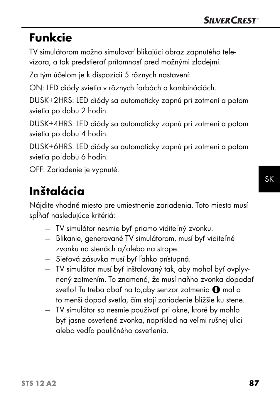 Funkcie, Inštalácia | Silvercrest STS 12 A2 User Manual | Page 90 / 116