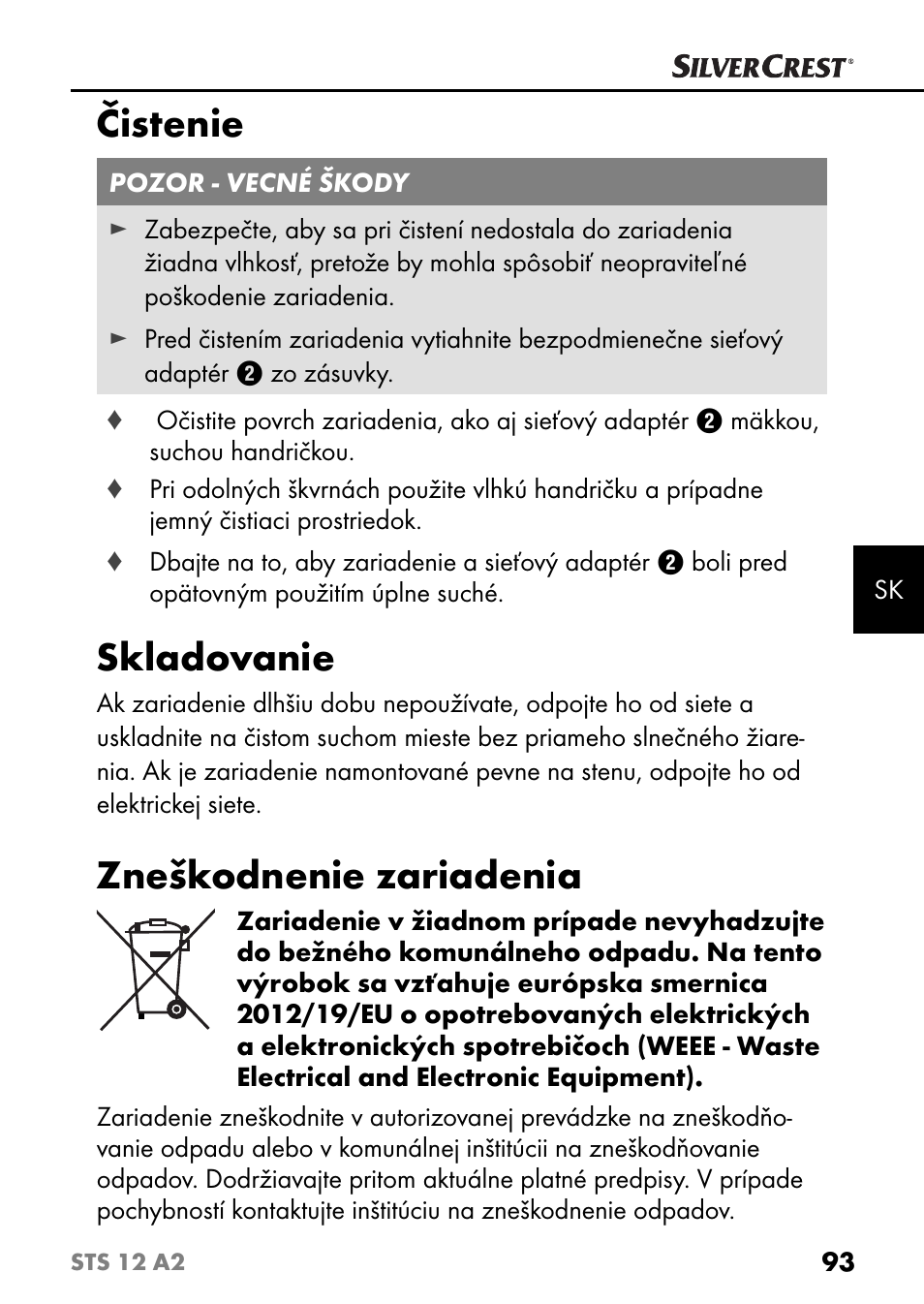 Čistenie, Skladovanie, Zneškodnenie zariadenia | Silvercrest STS 12 A2 User Manual | Page 96 / 116