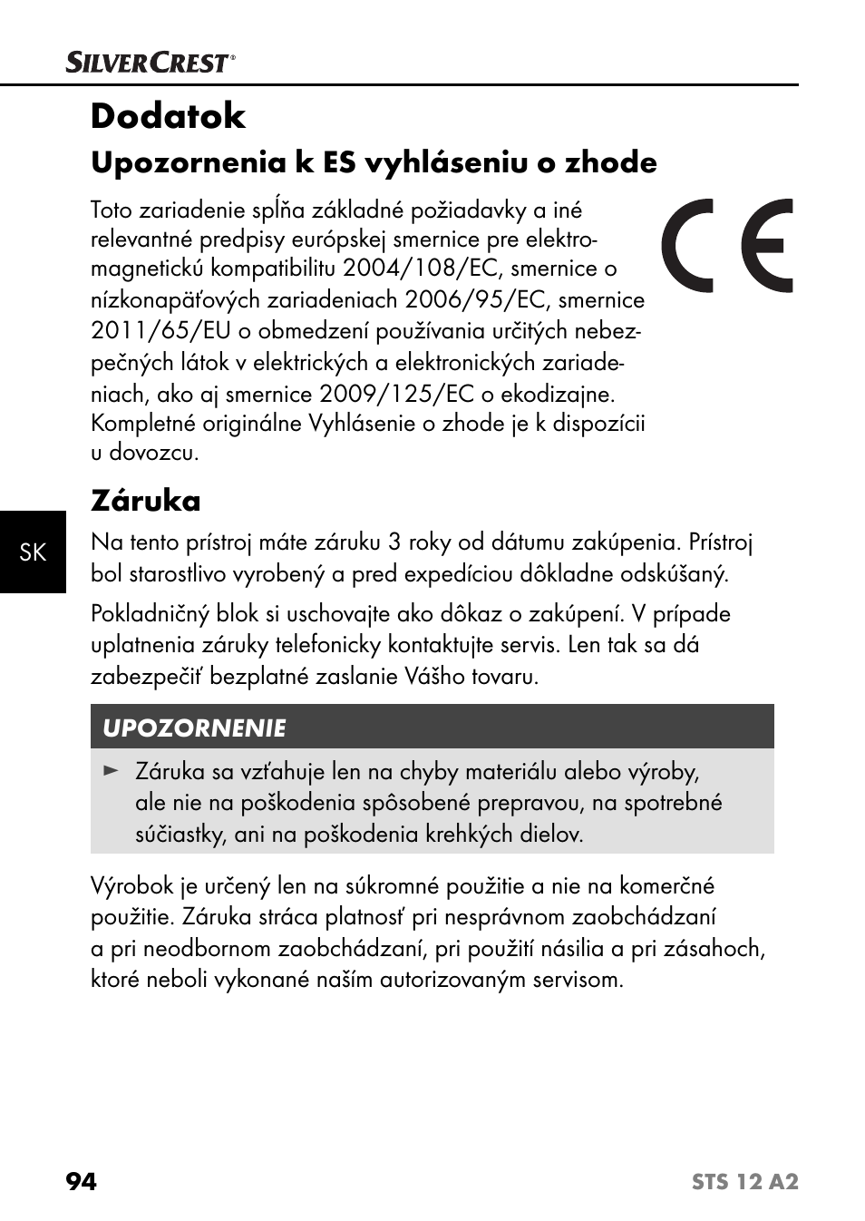 Dodatok, Upozornenia k es vyhláseniu o zhode, Záruka | Silvercrest STS 12 A2 User Manual | Page 97 / 116