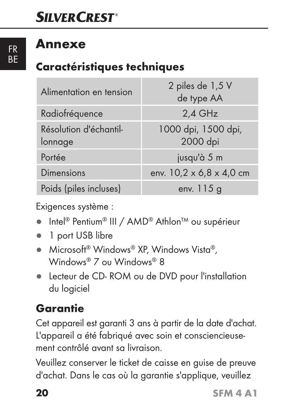 Annexe, Caractéristiques techniques, Garantie | Silvercrest SFM 4 A1 User Manual | Page 24 / 74
