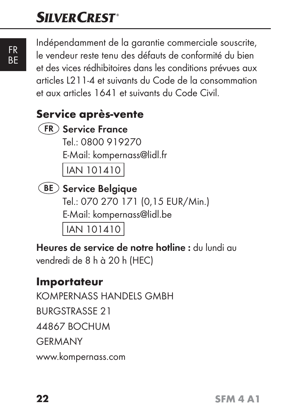 Service après-vente, Importateur | Silvercrest SFM 4 A1 User Manual | Page 26 / 74