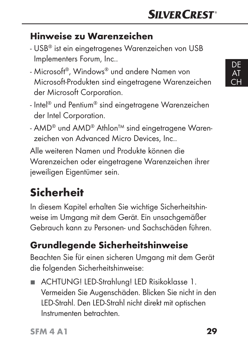 Sicherheit, Hinweise zu warenzeichen, Grundlegende sicherheitshinweise | Silvercrest SFM 4 A1 User Manual | Page 33 / 74