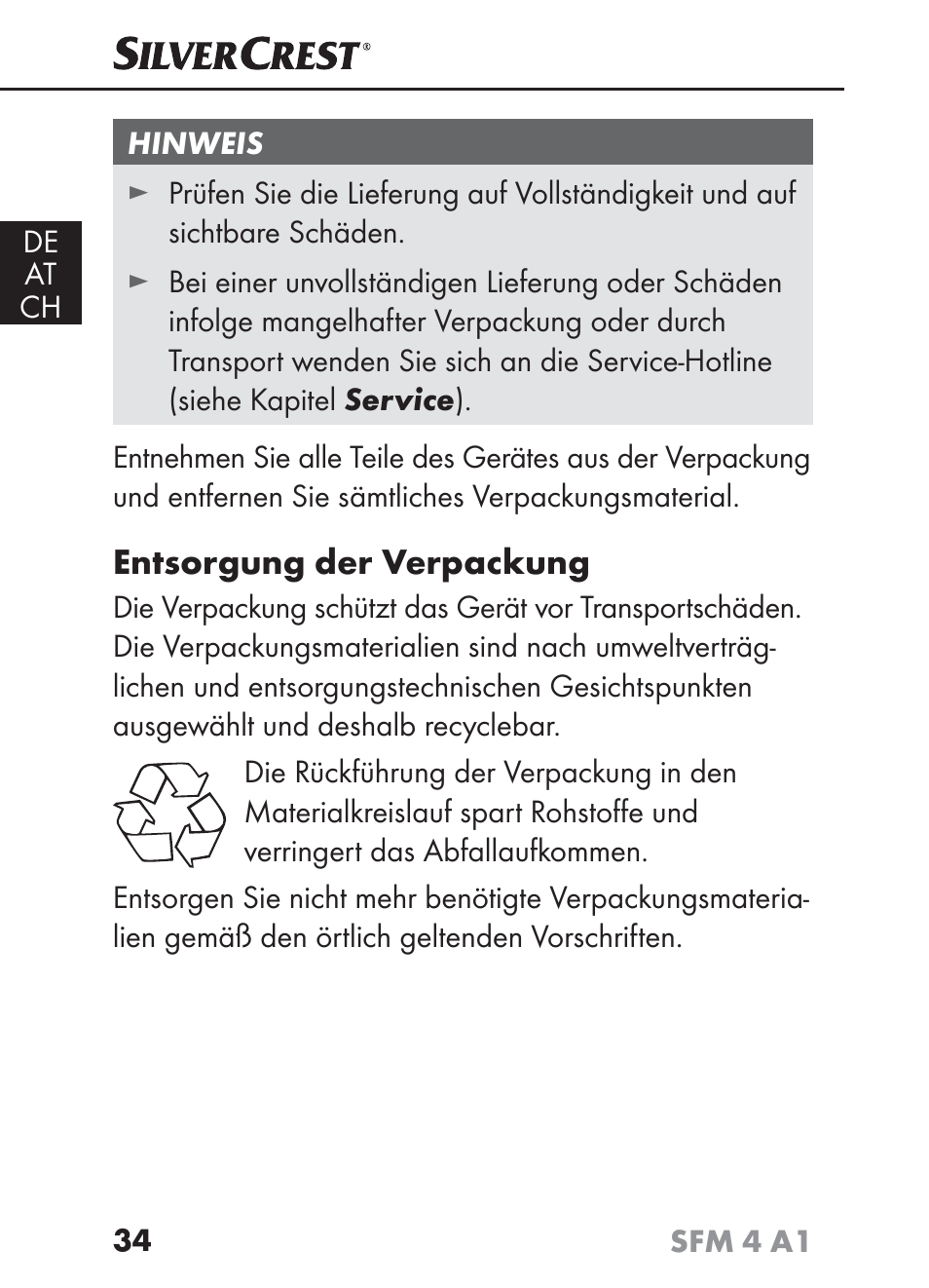 Entsorgung der verpackung | Silvercrest SFM 4 A1 User Manual | Page 38 / 74