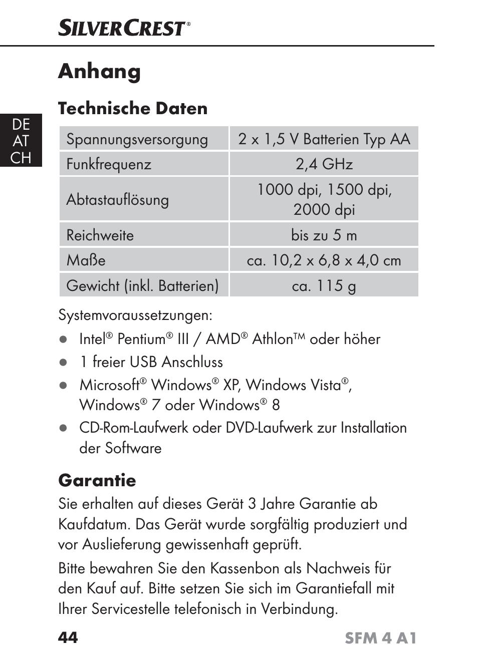 Anhang, Technische daten, Garantie | Silvercrest SFM 4 A1 User Manual | Page 48 / 74
