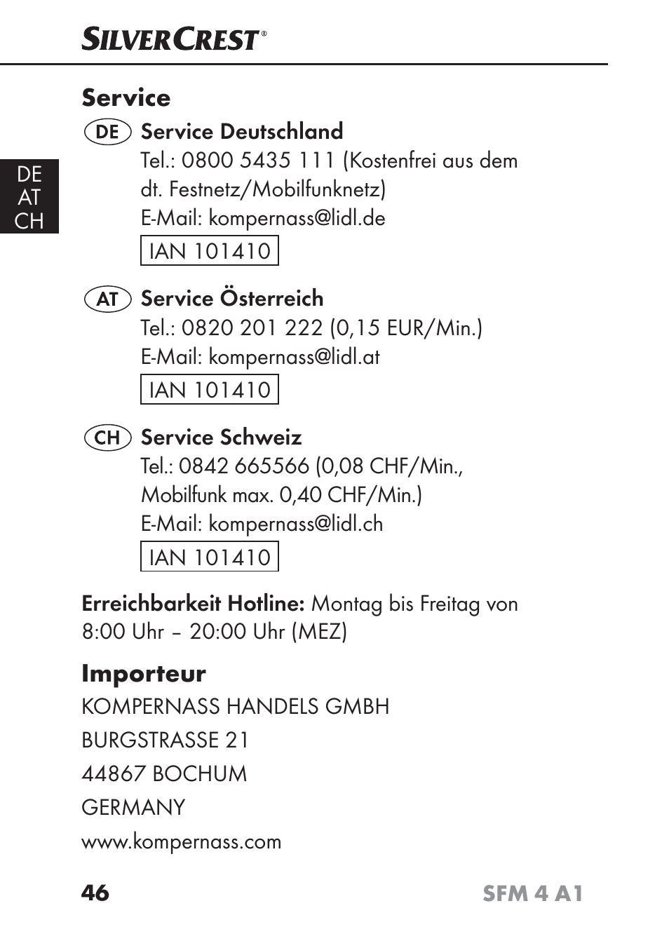 Service, Importeur | Silvercrest SFM 4 A1 User Manual | Page 50 / 74