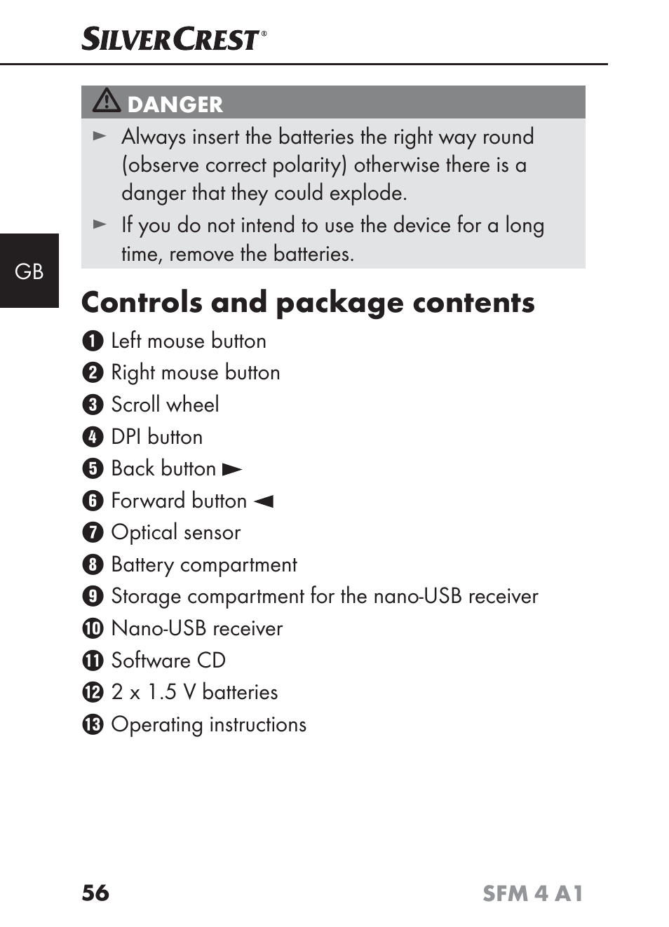 Controls and package contents | Silvercrest SFM 4 A1 User Manual | Page 60 / 74