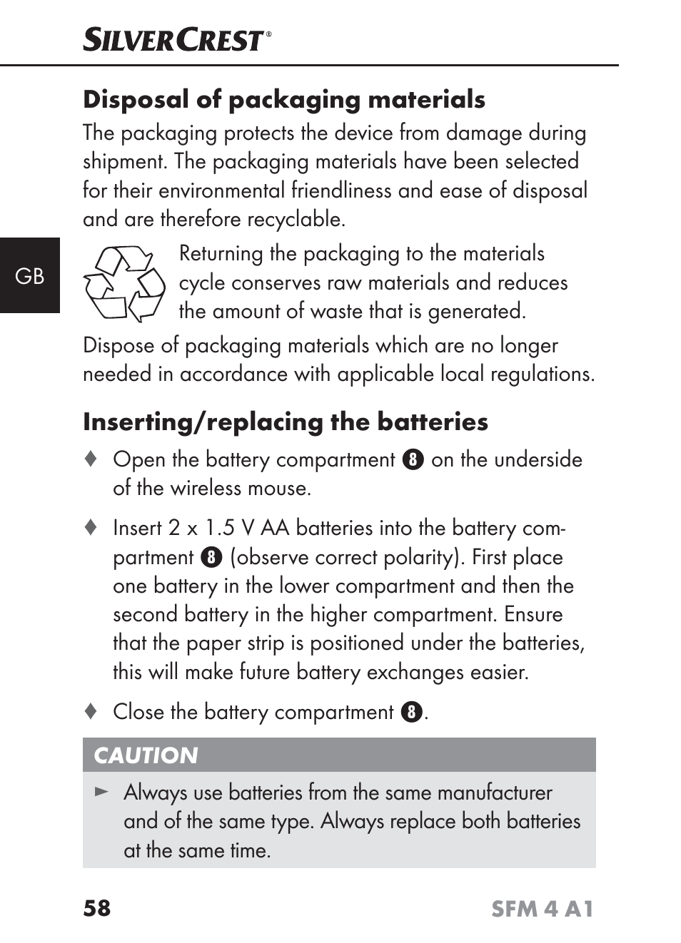 Disposal of packaging materials, Inserting/replacing the batteries | Silvercrest SFM 4 A1 User Manual | Page 62 / 74