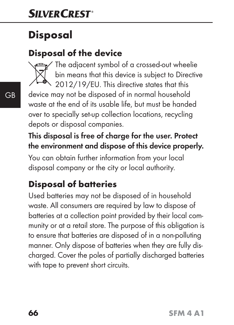 Disposal | Silvercrest SFM 4 A1 User Manual | Page 70 / 74