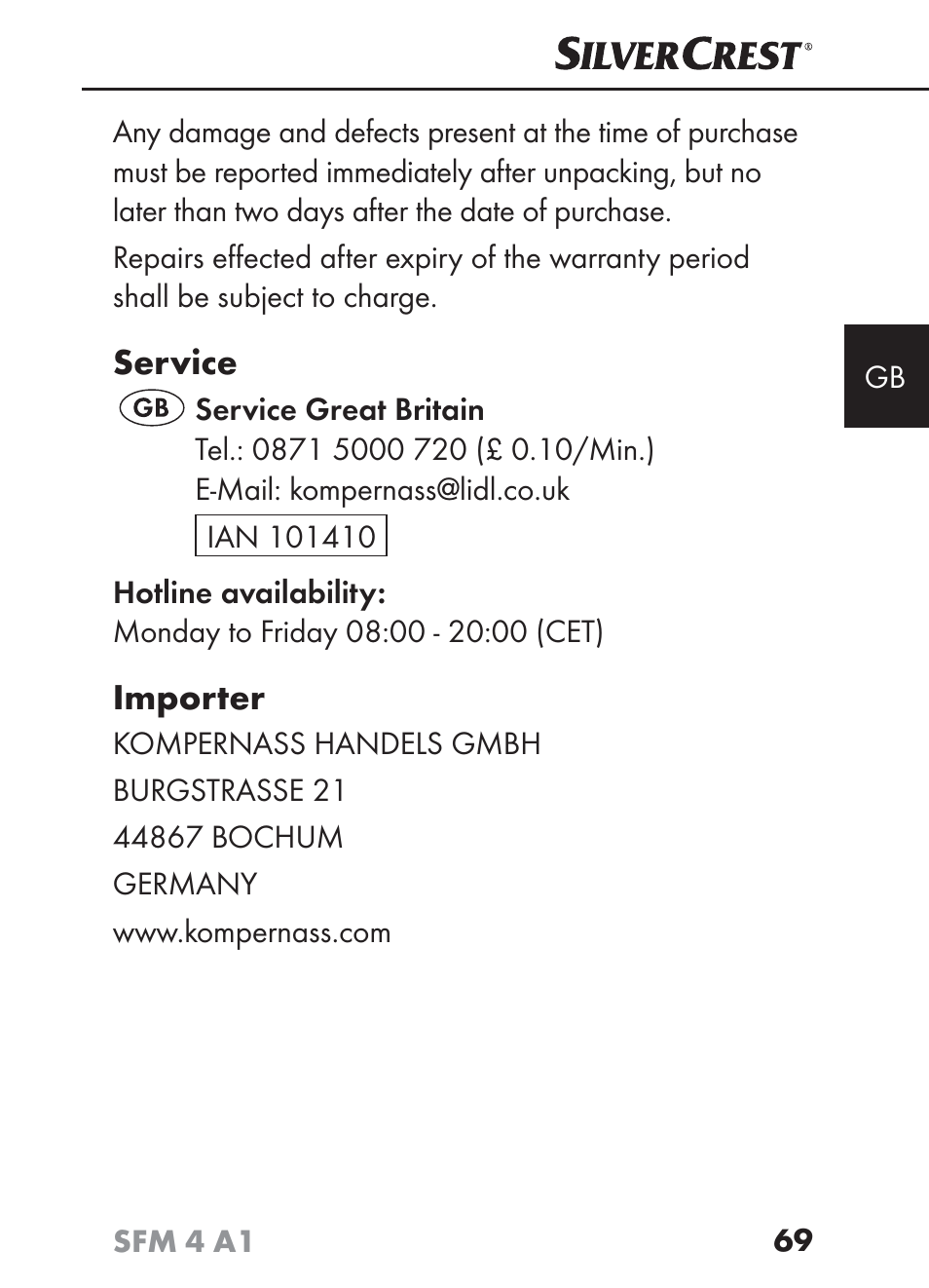 Service, Importer | Silvercrest SFM 4 A1 User Manual | Page 73 / 74