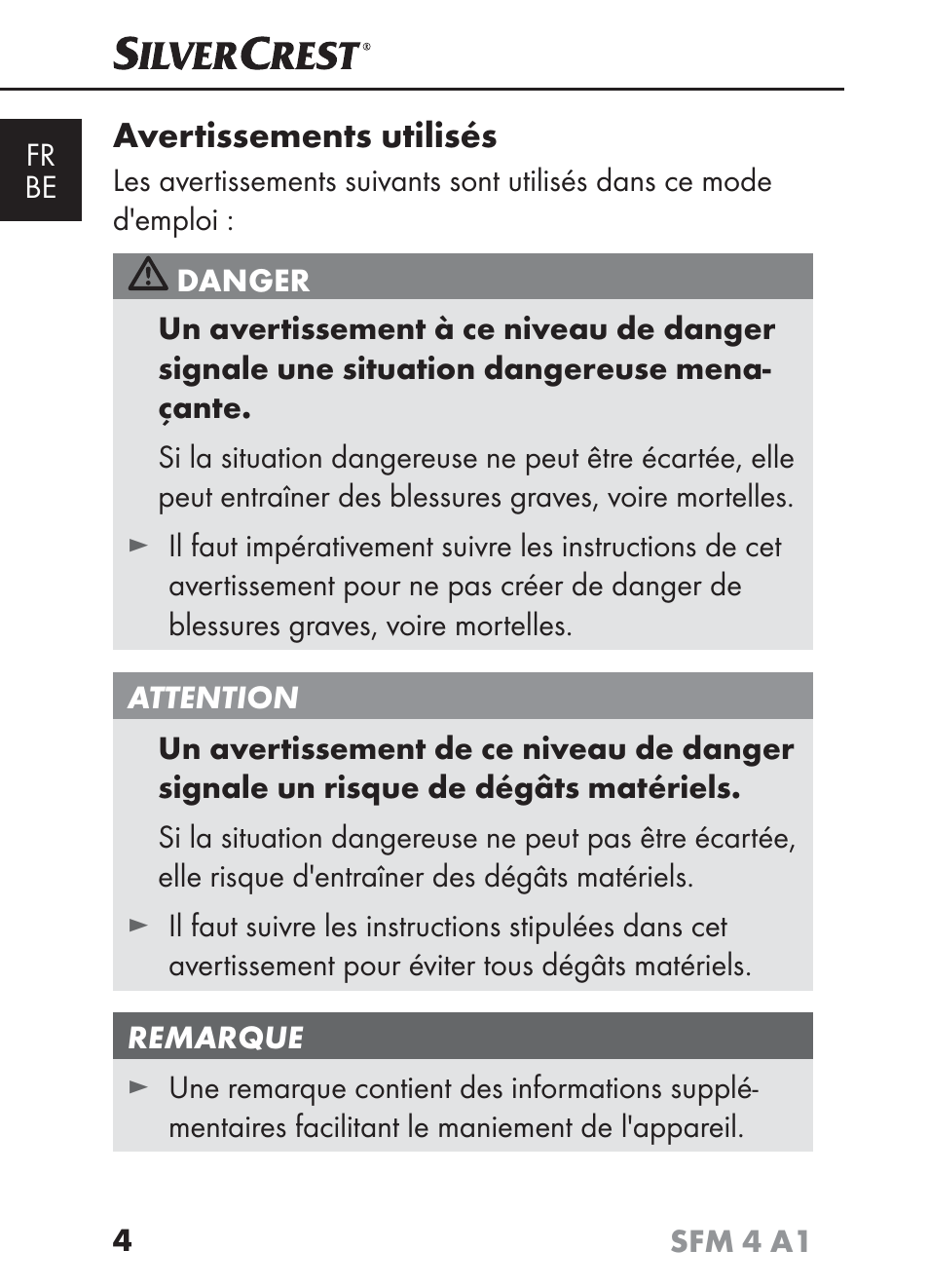 Avertissements utilisés | Silvercrest SFM 4 A1 User Manual | Page 8 / 74