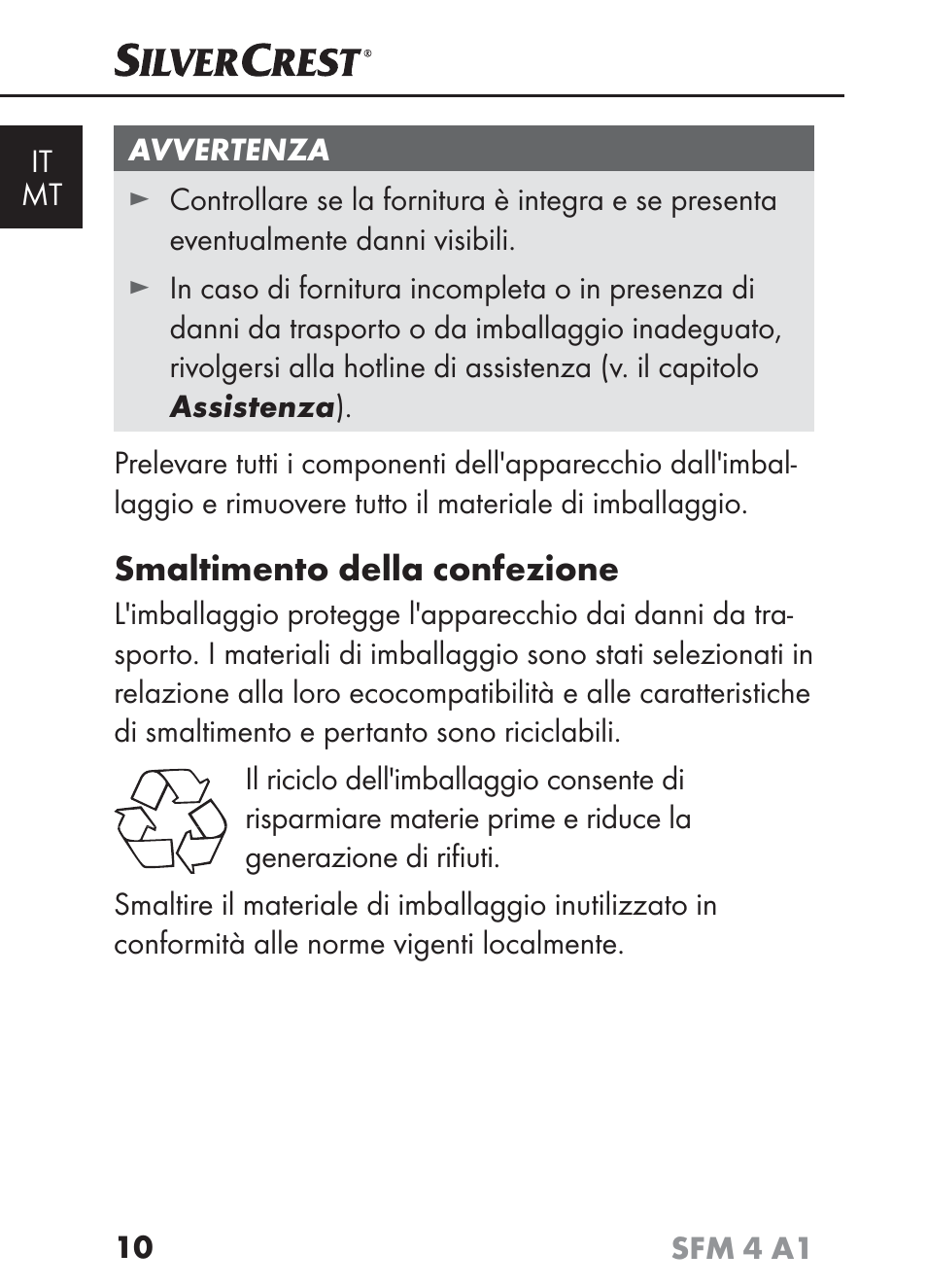 Smaltimento della confezione | Silvercrest SFM 4 A1 User Manual | Page 13 / 97