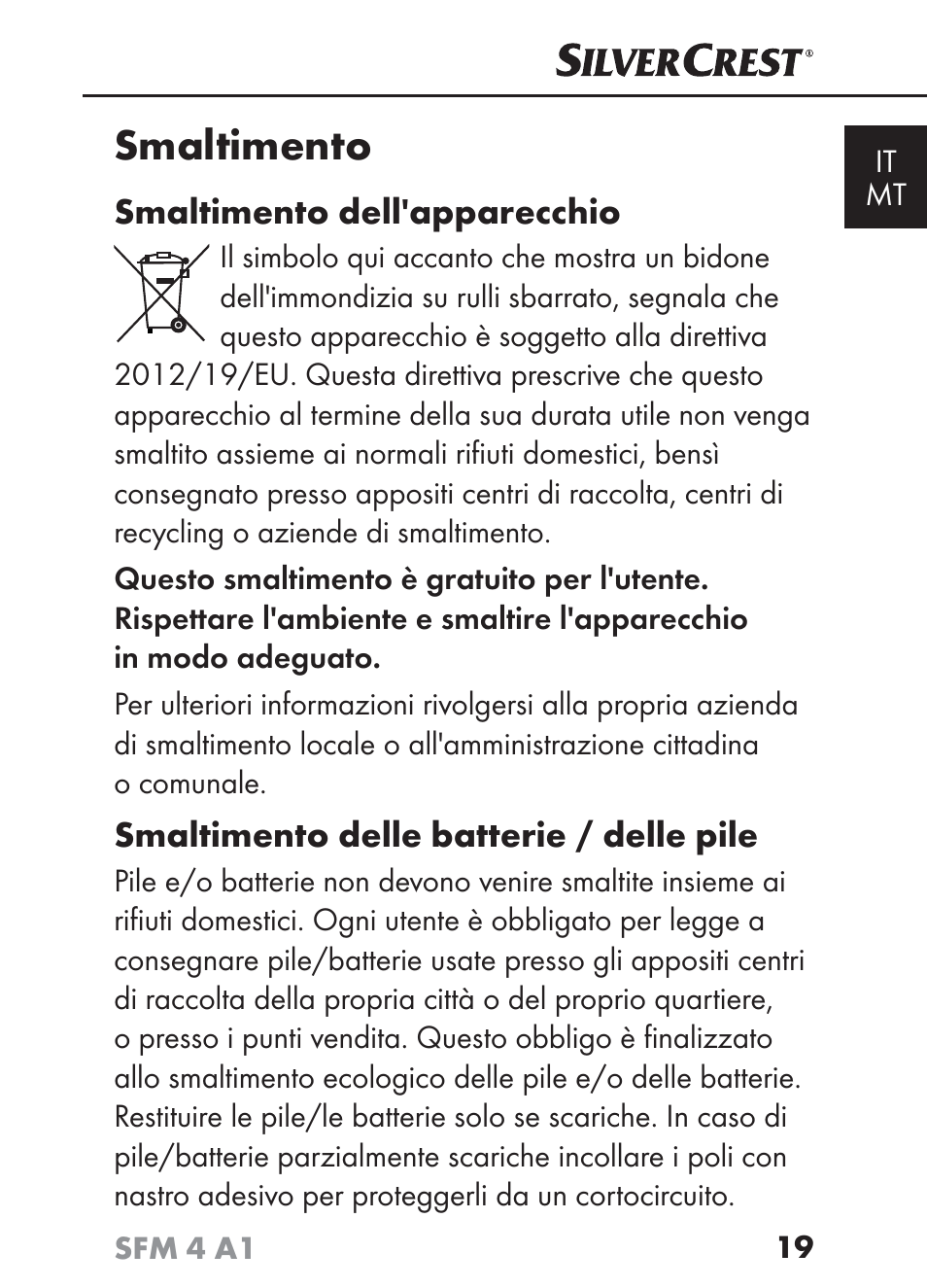 Smaltimento | Silvercrest SFM 4 A1 User Manual | Page 22 / 97
