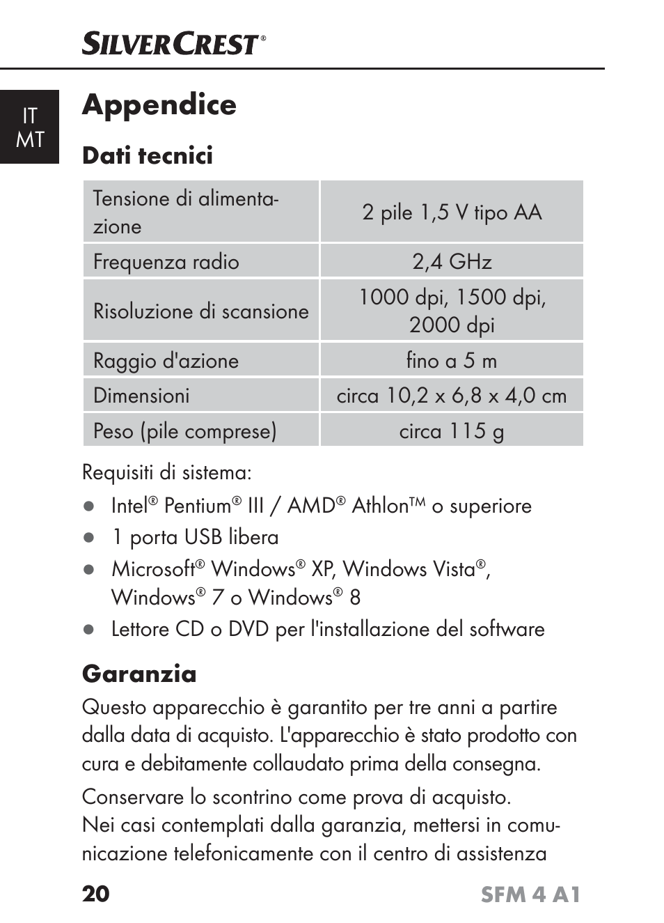 Appendice, Dati tecnici, Garanzia | Silvercrest SFM 4 A1 User Manual | Page 23 / 97