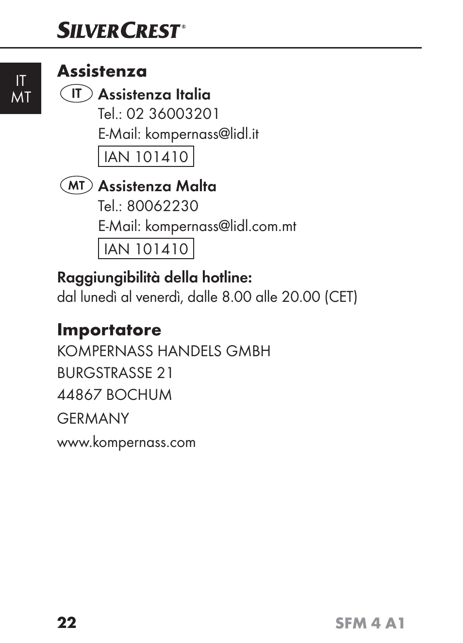 Assistenza, Importatore | Silvercrest SFM 4 A1 User Manual | Page 25 / 97