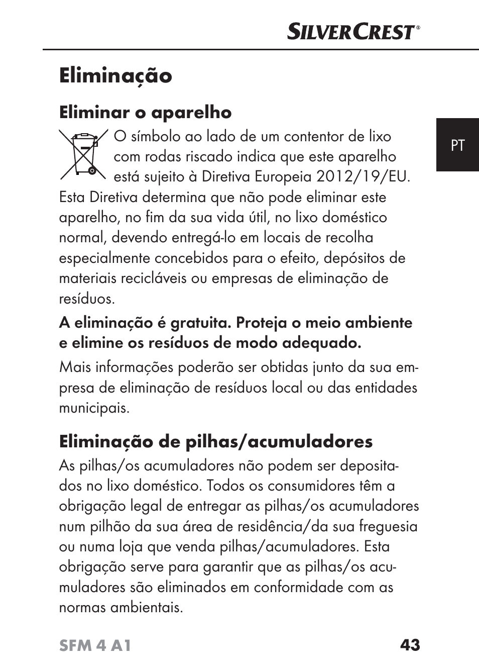 Eliminação | Silvercrest SFM 4 A1 User Manual | Page 46 / 97