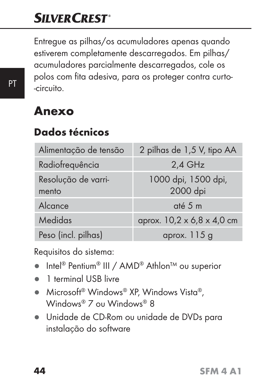 Anexo, Dados técnicos | Silvercrest SFM 4 A1 User Manual | Page 47 / 97