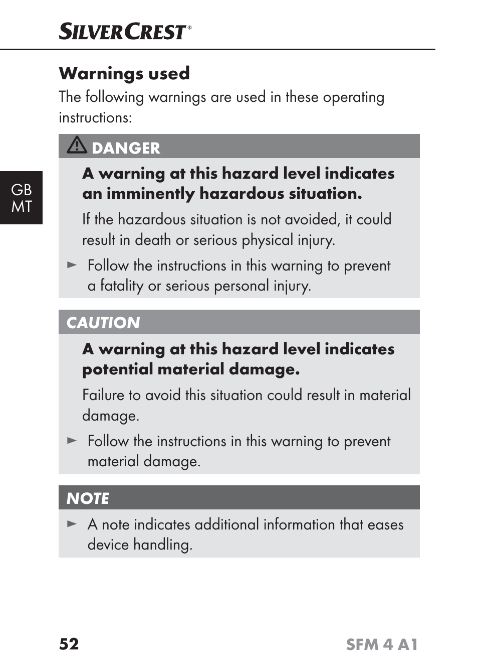 Warnings used | Silvercrest SFM 4 A1 User Manual | Page 55 / 97