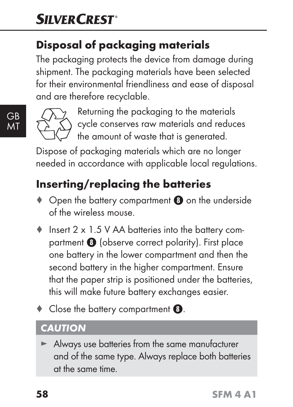 Disposal of packaging materials, Inserting/replacing the batteries | Silvercrest SFM 4 A1 User Manual | Page 61 / 97