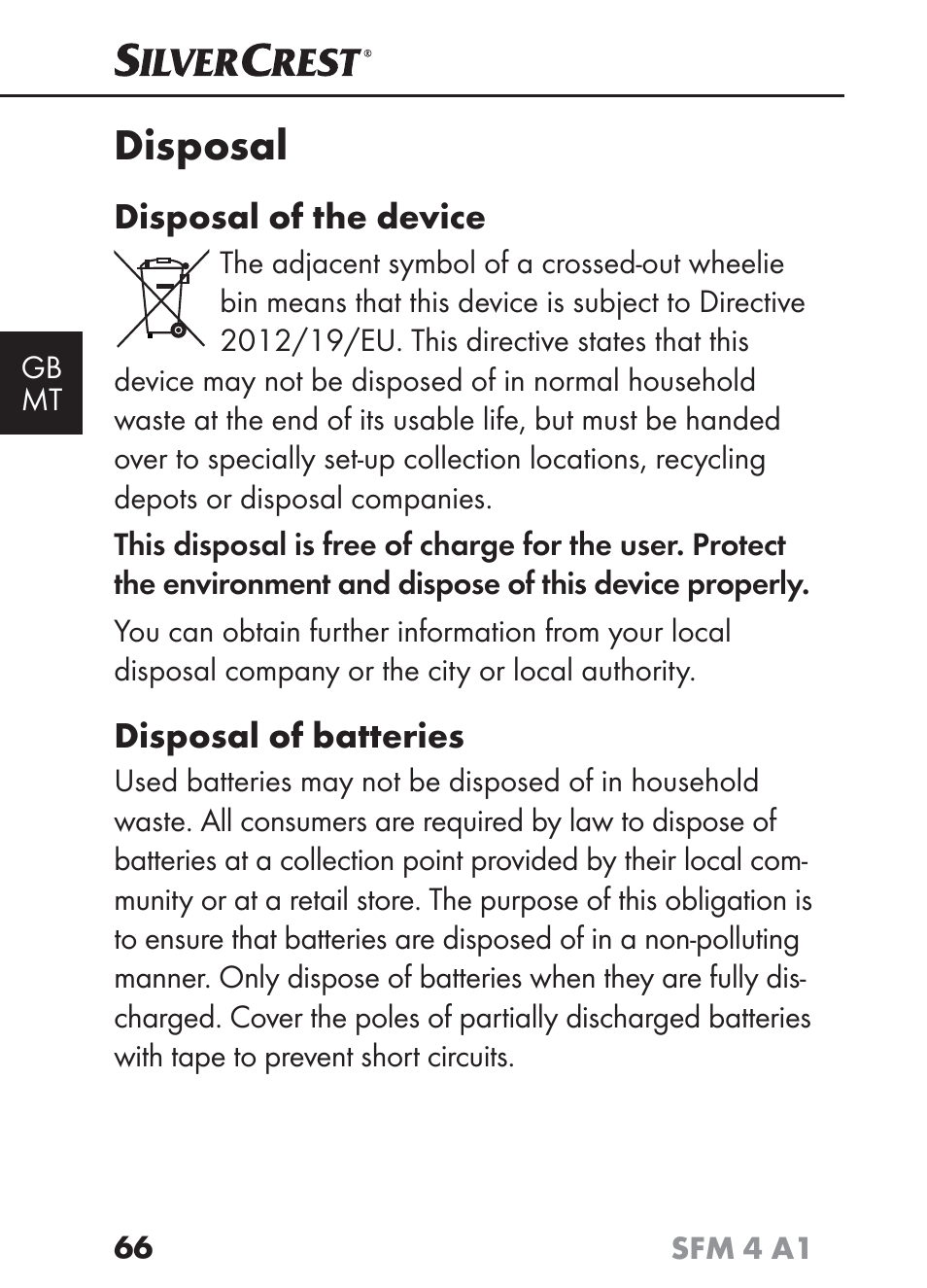 Disposal | Silvercrest SFM 4 A1 User Manual | Page 69 / 97