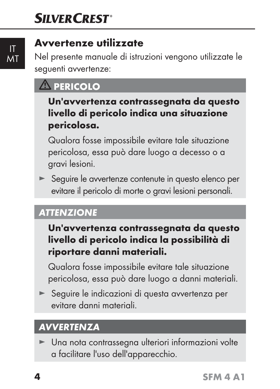 Avvertenze utilizzate | Silvercrest SFM 4 A1 User Manual | Page 7 / 97