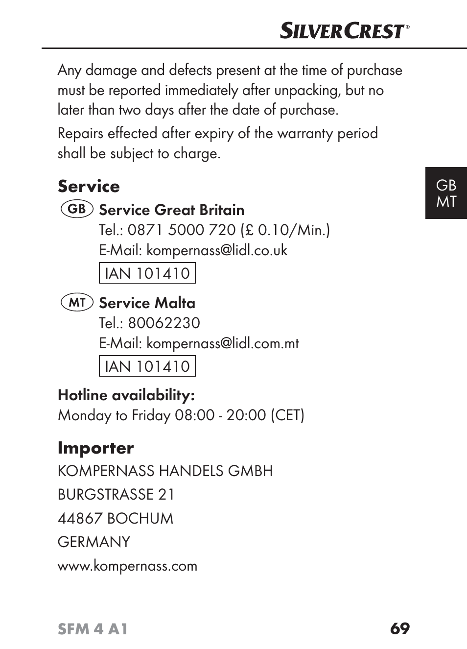 Service, Importer | Silvercrest SFM 4 A1 User Manual | Page 72 / 97