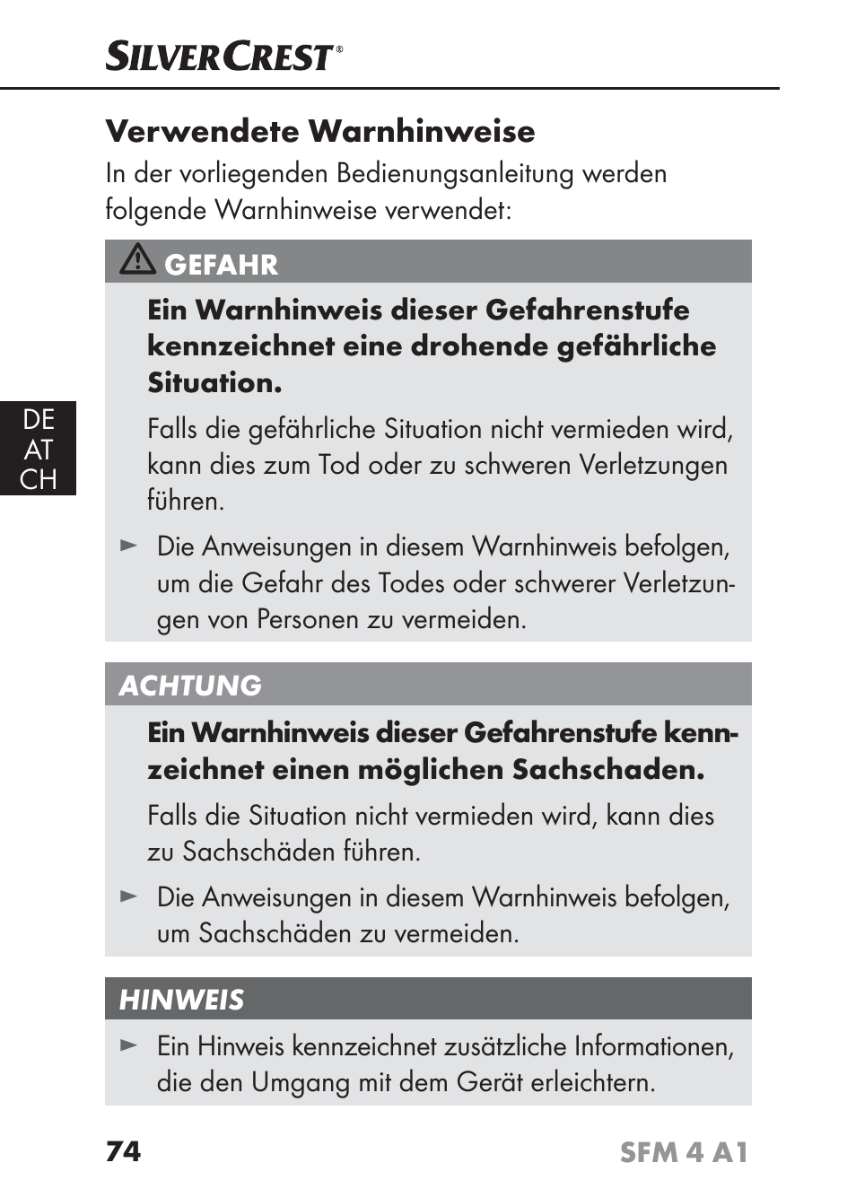 Verwendete warnhinweise | Silvercrest SFM 4 A1 User Manual | Page 77 / 97