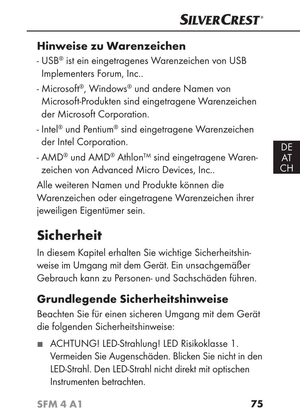 Sicherheit, Hinweise zu warenzeichen, Grundlegende sicherheitshinweise | Silvercrest SFM 4 A1 User Manual | Page 78 / 97