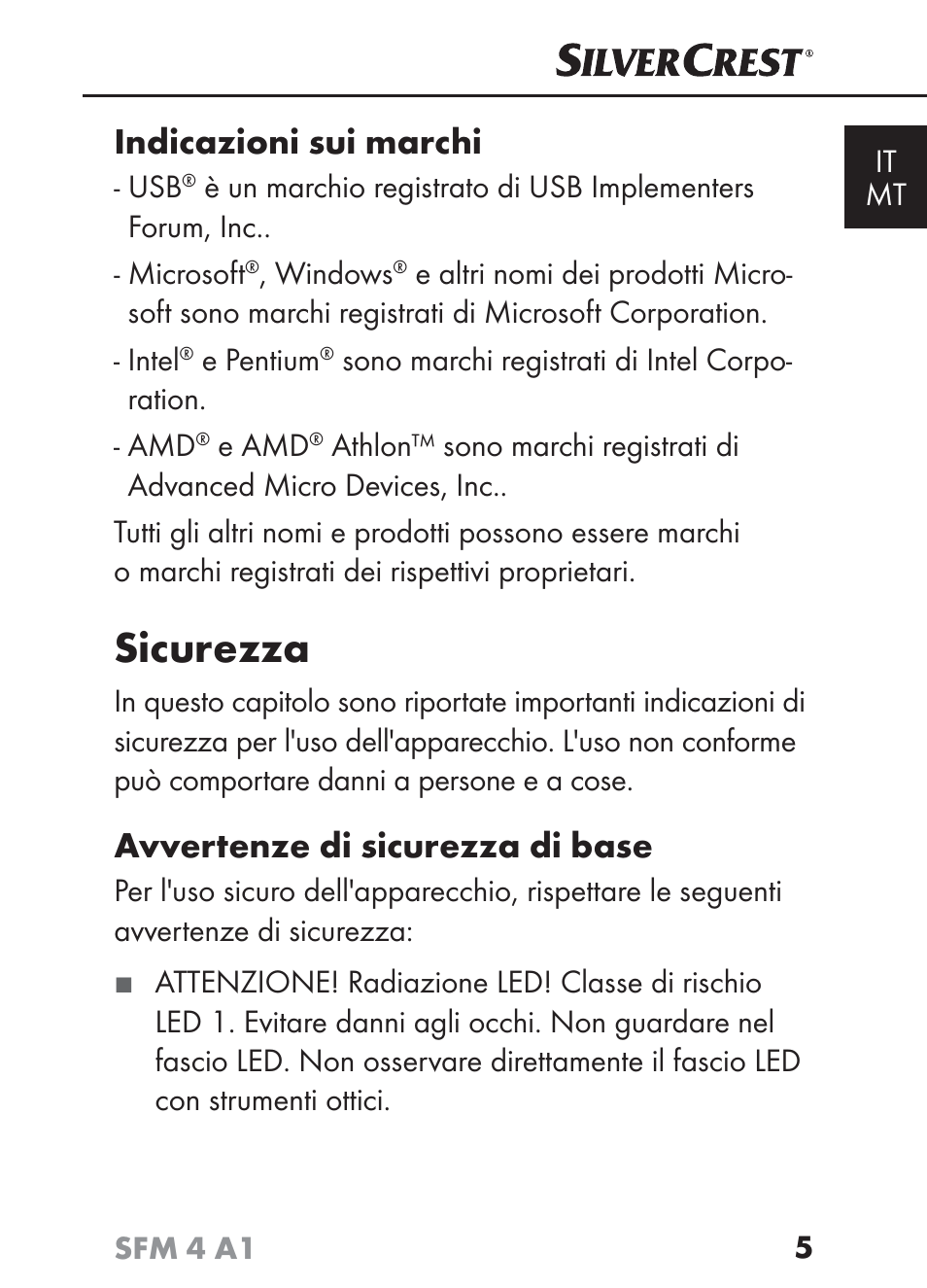 Sicurezza, Indicazioni sui marchi, Avvertenze di sicurezza di base | Silvercrest SFM 4 A1 User Manual | Page 8 / 97