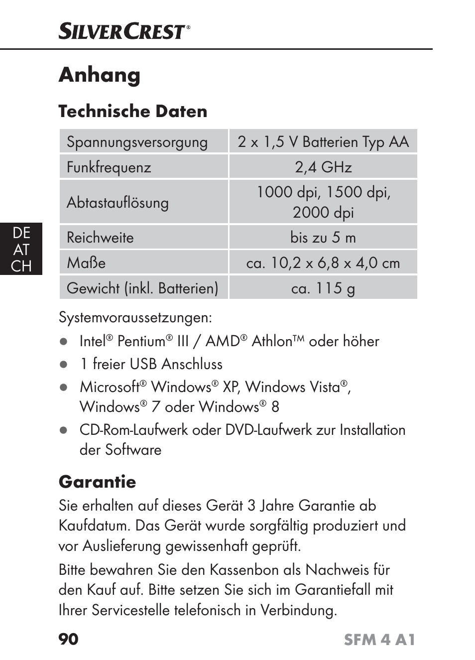 Anhang, Technische daten, Garantie | Silvercrest SFM 4 A1 User Manual | Page 93 / 97
