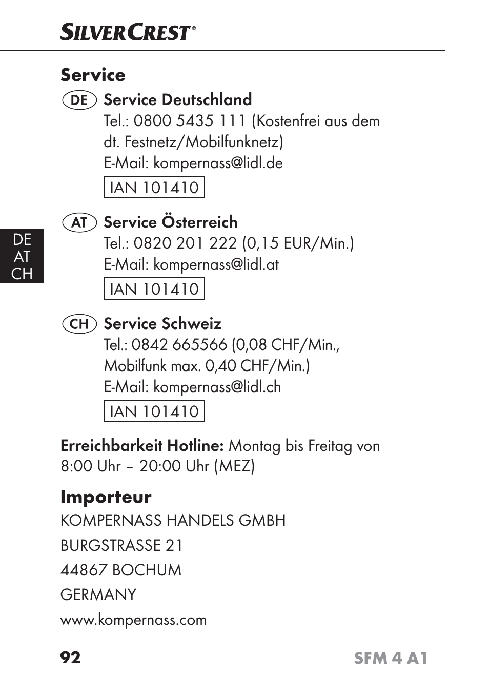 Service, Importeur | Silvercrest SFM 4 A1 User Manual | Page 95 / 97
