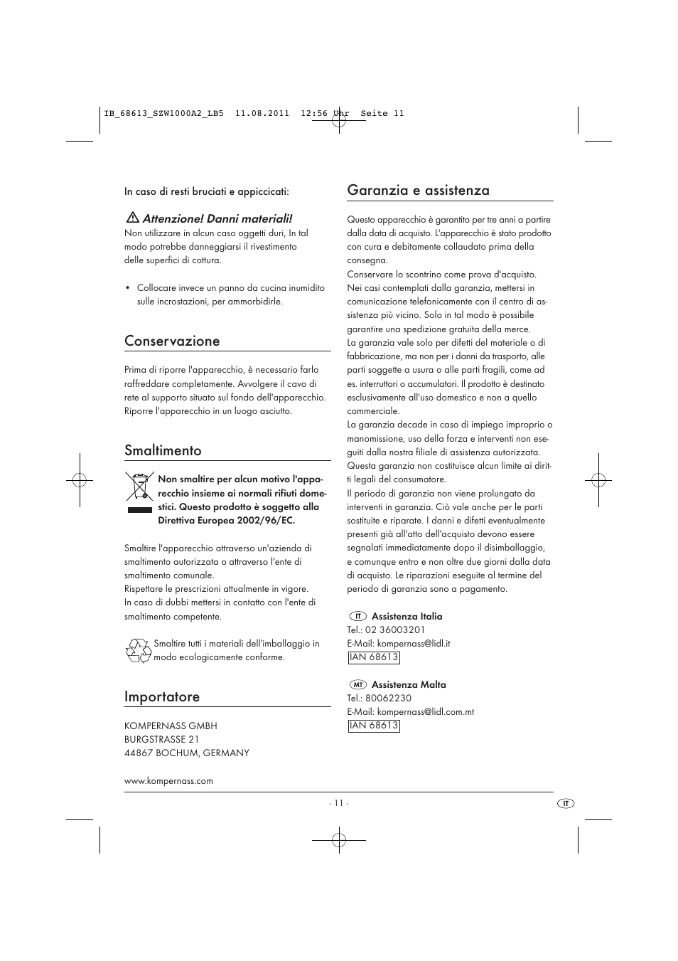Conservazione, Smaltimento, Importatore | Garanzia e assistenza | Silvercrest SZW 1000 A2 User Manual | Page 13 / 32