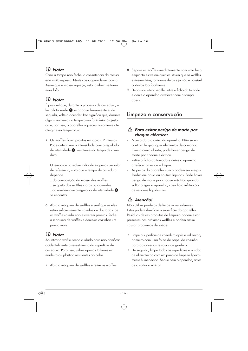 Limpeza e conservação, Nota, Para evitar perigo de morte por choque eléctrico | Atenção | Silvercrest SZW 1000 A2 User Manual | Page 18 / 32