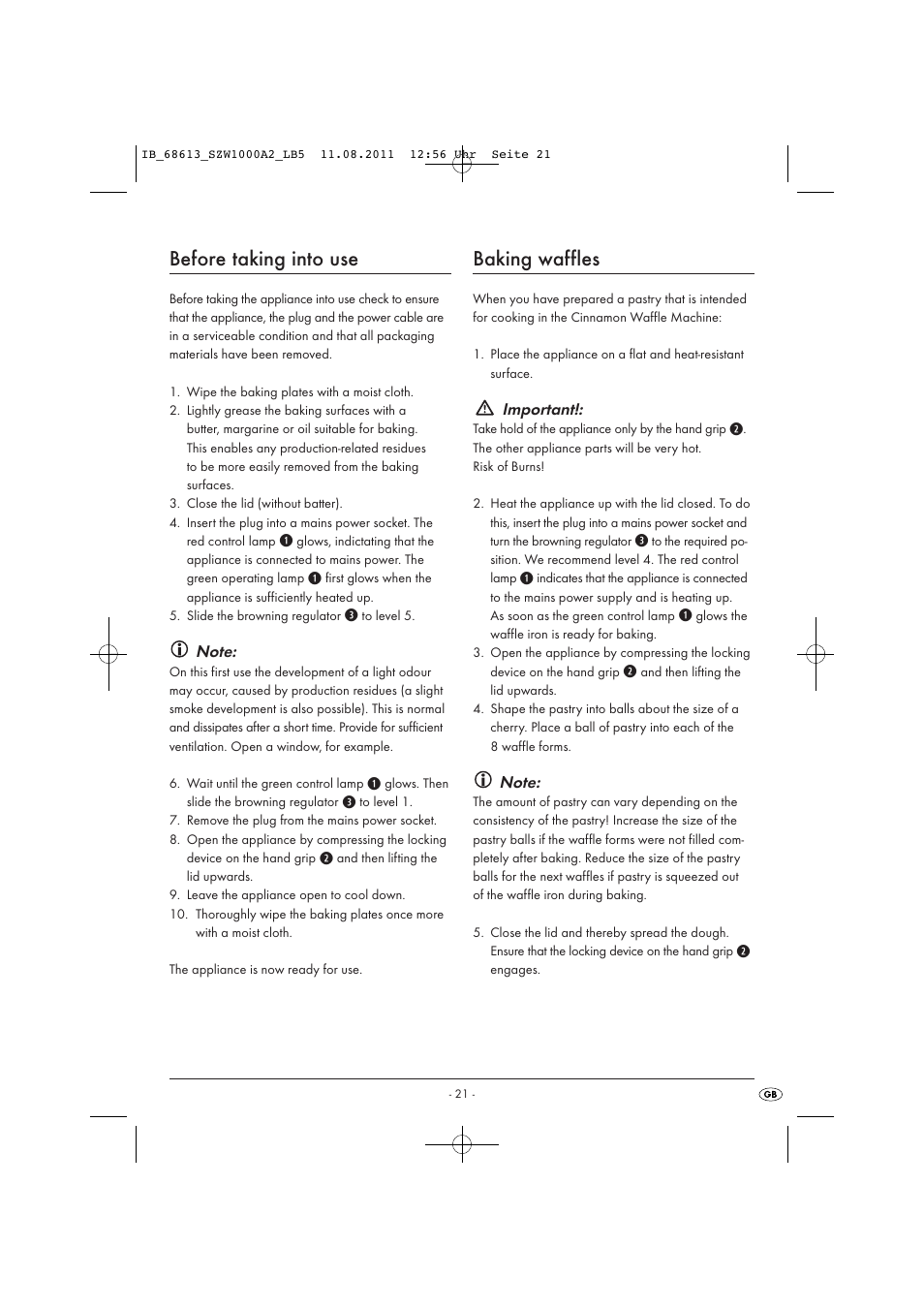 Before taking into use, Baking waffles, Important | Silvercrest SZW 1000 A2 User Manual | Page 23 / 32