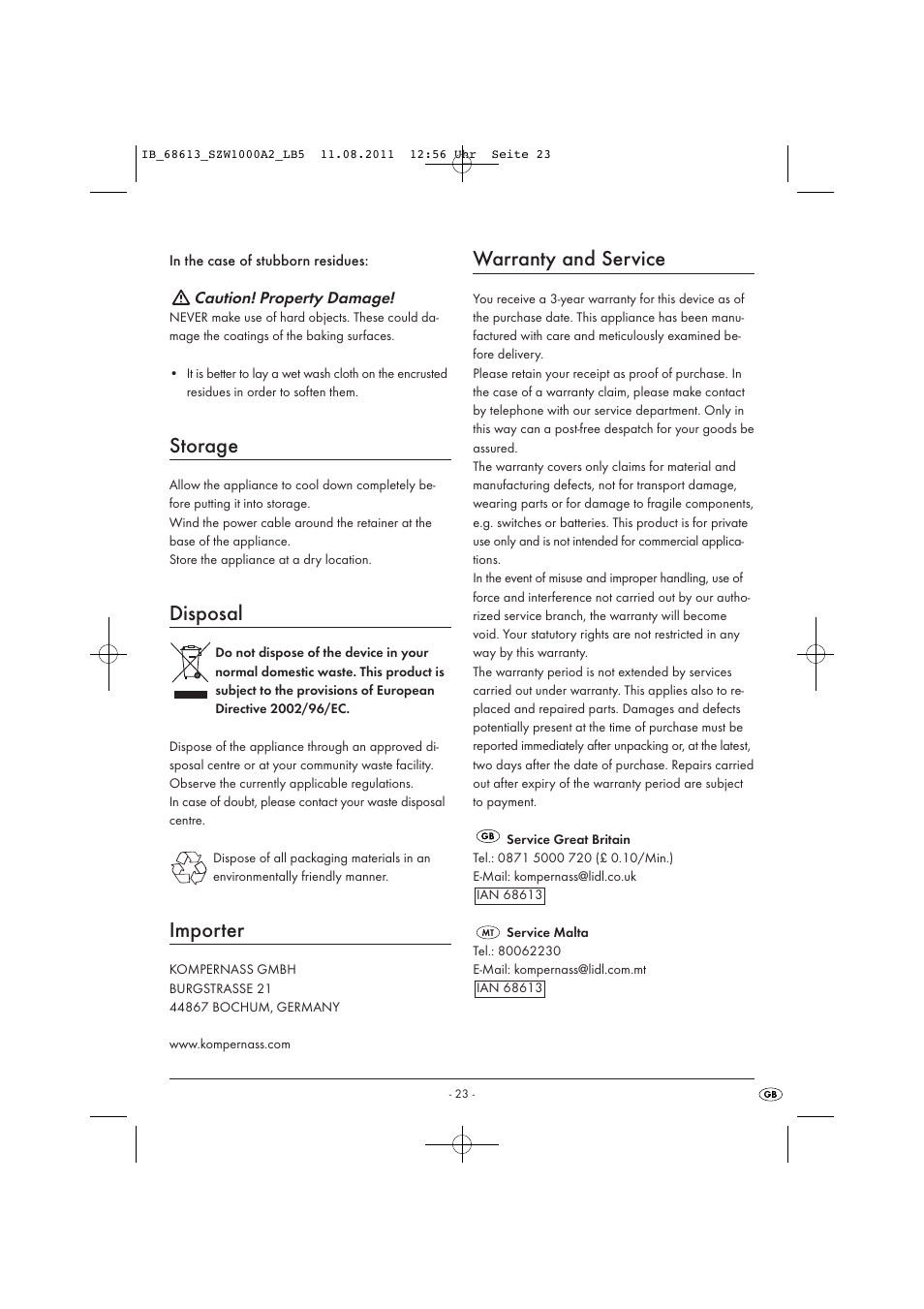 Storage, Disposal, Importer | Warranty and service | Silvercrest SZW 1000 A2 User Manual | Page 25 / 32