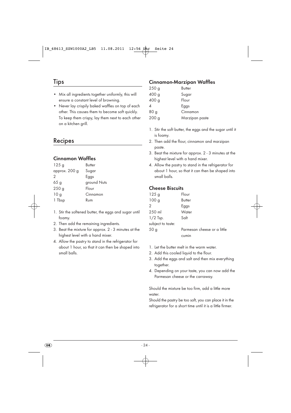 Tips, Recipes, Cinnamon waffles | Cinnamon-marzipan waffles, Cheese biscuits | Silvercrest SZW 1000 A2 User Manual | Page 26 / 32