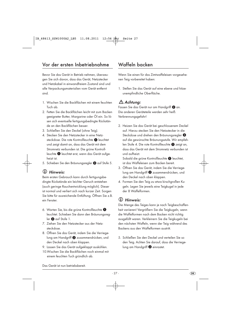 Vor der ersten inbetriebnahme, Waffeln backen, Hinweis | Achtung | Silvercrest SZW 1000 A2 User Manual | Page 29 / 32