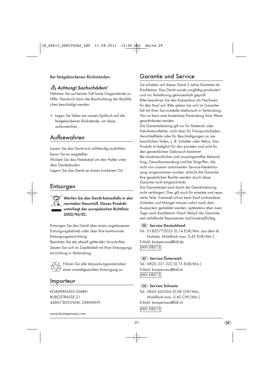 Aufbewahren, Entsorgen, Importeur | Garantie und service, Achtung! sachschäden | Silvercrest SZW 1000 A2 User Manual | Page 31 / 32